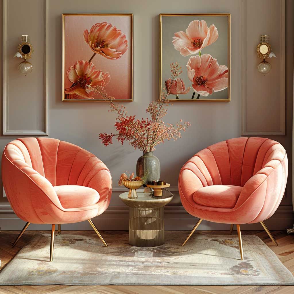 ركن استرخاء مفروش بزوج من الكراسي بذراعين باللون المرجاني