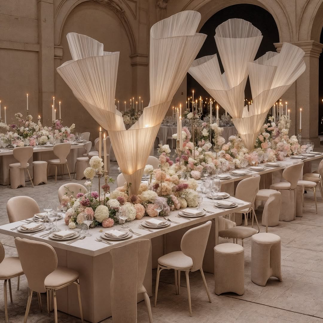 زينة طاولات بيج من Aira Weddings & Corporate