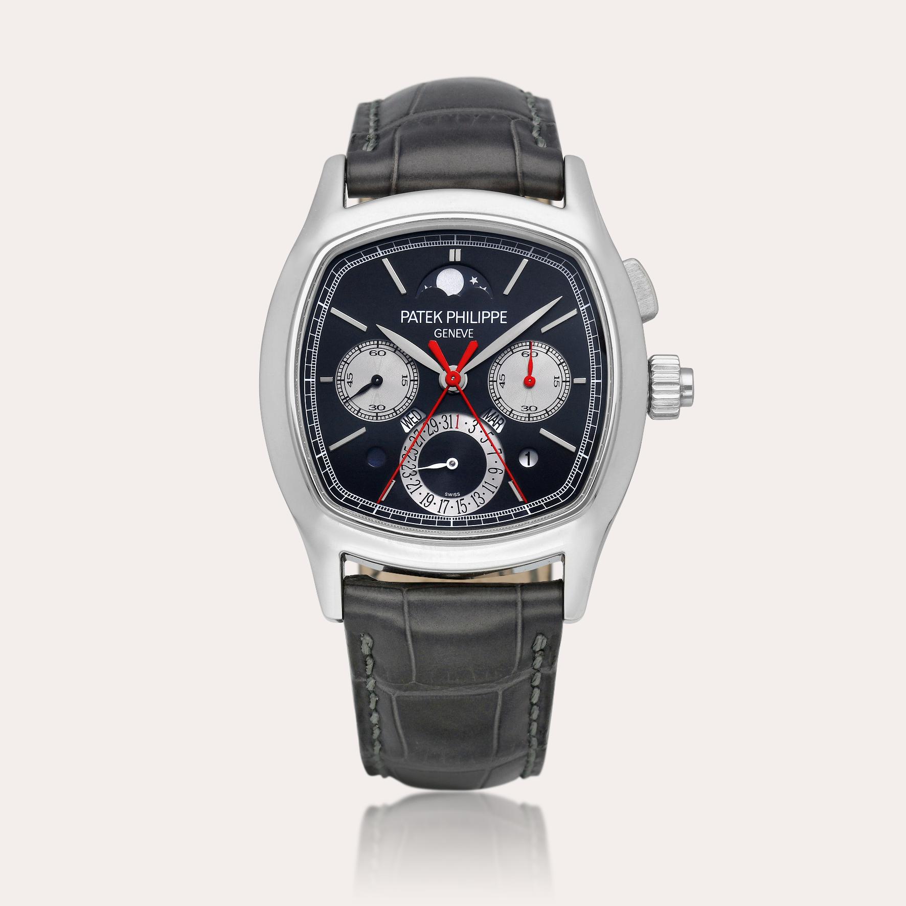 ساعة باتيك فيليب من البلاتين مع تقويم دائم وكرونوغراف، السعر المقدر 250,000 – 350,000 دولار