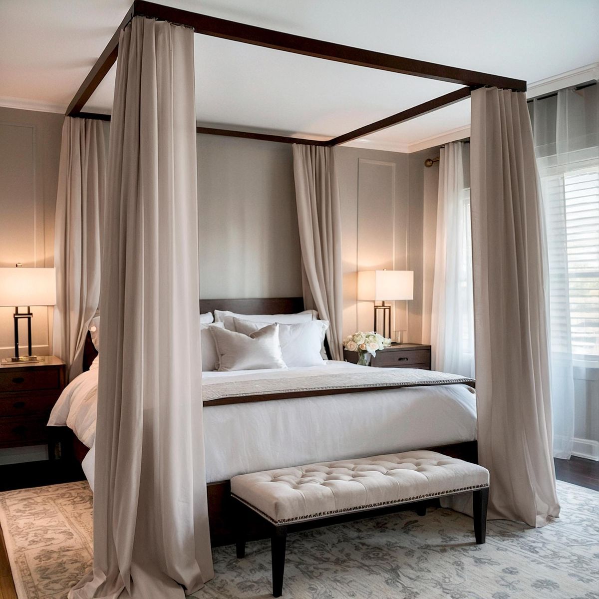 سرير بأعمدة بألواح من الكتان الشفاف