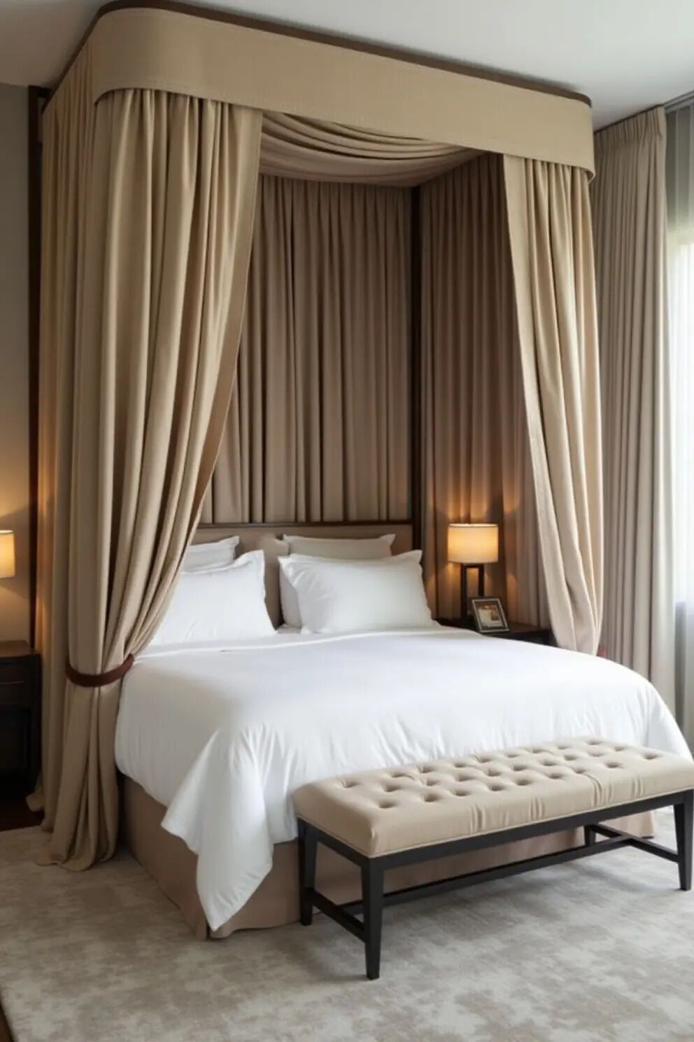 سرير كانوبيه بستائر خلف رأس السرير