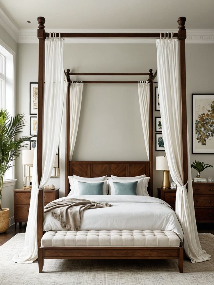 سرير كانوبيه بستائر من الكتان الناعم عند الزوايا