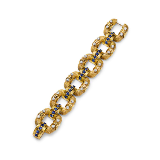 سوار Cooper العريض من الذهب الأصفر مع حبات الياقوت الأزرق والألماس