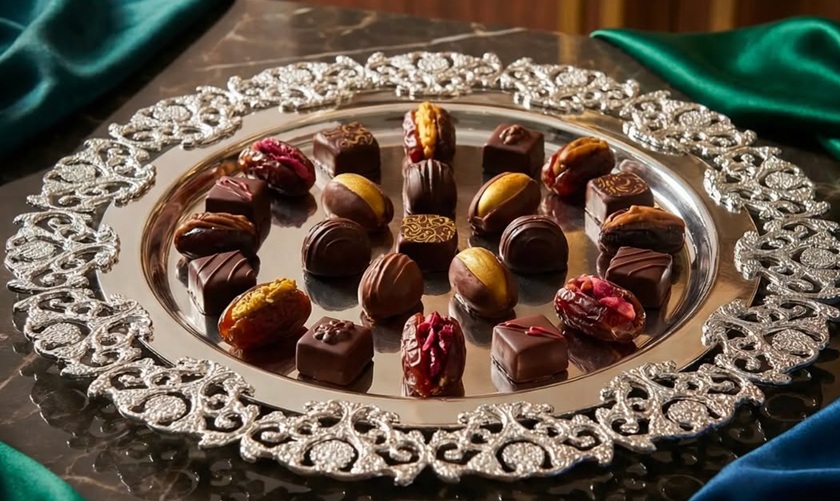 صينية بإطار مزخرف بالدقة المطلية بالفضة لتقديم التمر أو الحلويات