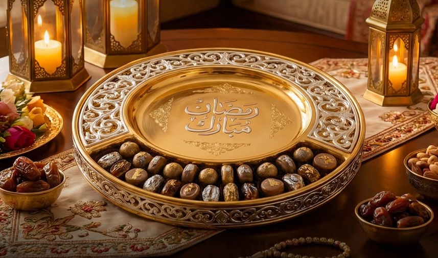 صينية رمضانية  مصنوعة في إيطاليا ومخصصة بطبقة من الذهب والفضة