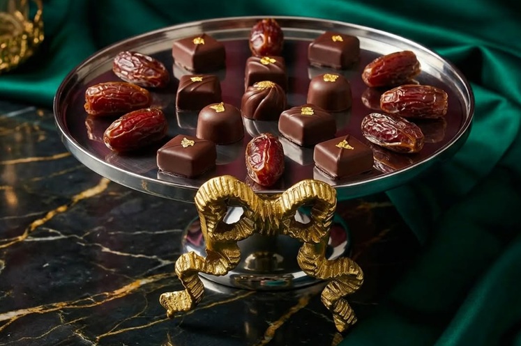 صينية مصممة بسطح مرآة أنيق وقاعدة نحتيّة على شكل شريط ذهبي