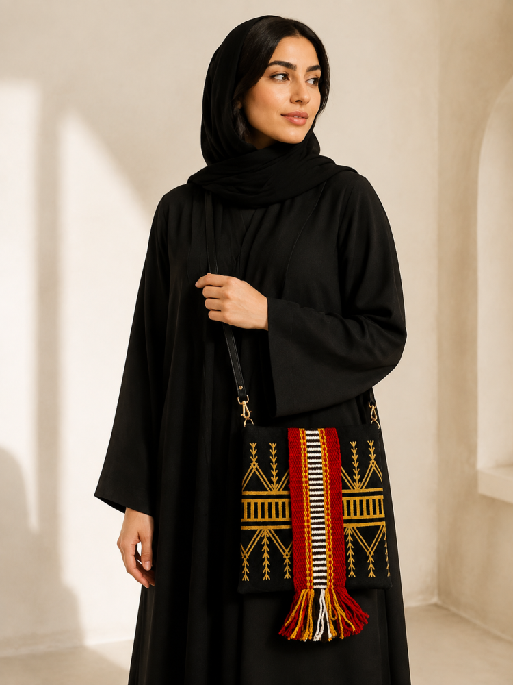 حقيبة كتف بتصميم يجمع بين الأصالة واللمسة العصرية، تتوسطها قطعة من نسيج السدو، وتزيّن أطرافها زخارف مطبوعة بتقنية السلك سكرين مستوحاة من التراث السعودي