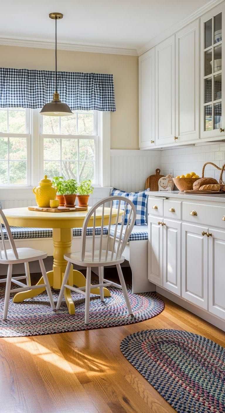 طاولة إفطار ملونة بجوار النافذة في المطبخ