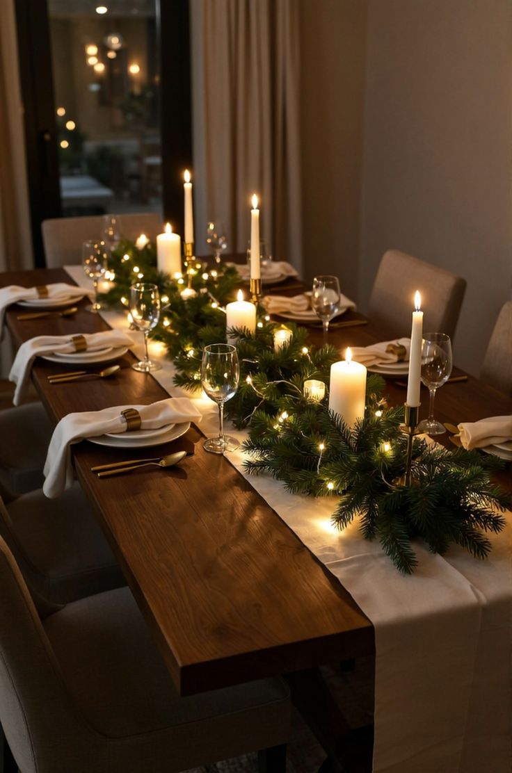 طاولة طعام مزينة بقطعة مركزية أنيقة لعيد الميلاد