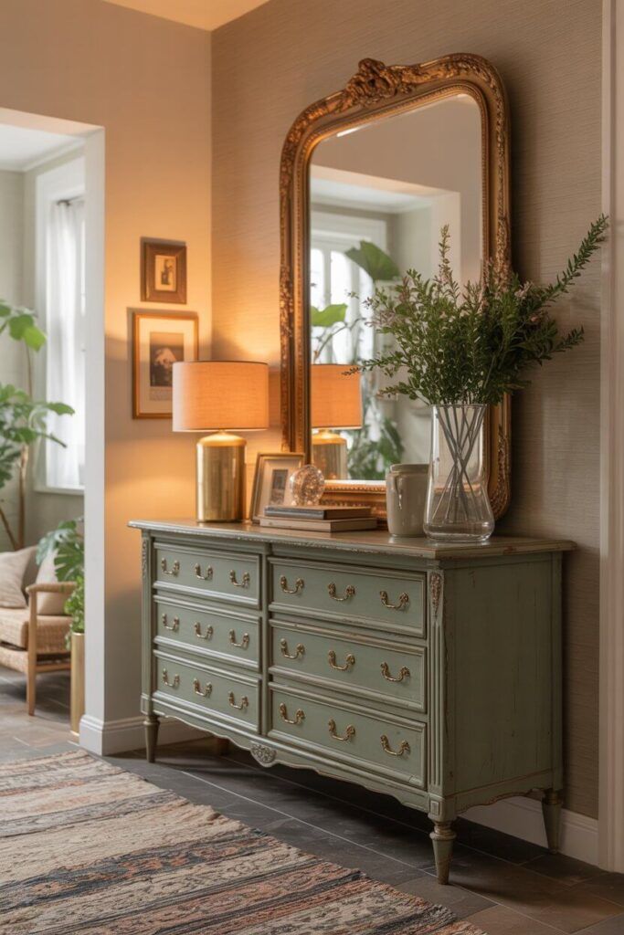 طاولة كونسول عتيقة مزينة بإكسسوارات معاصرة