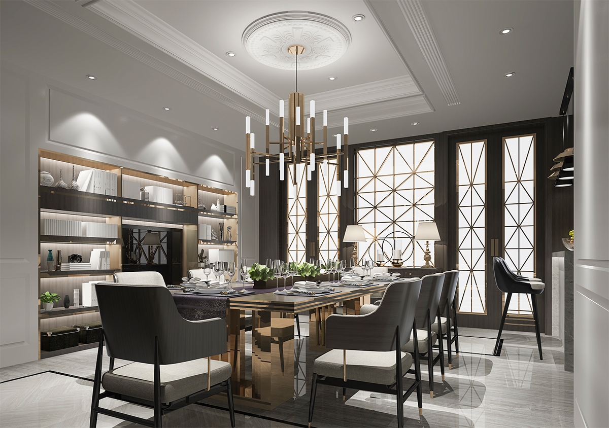 طبقات من الإضاءة في غرفة الطعام الحديثة الأسلوب