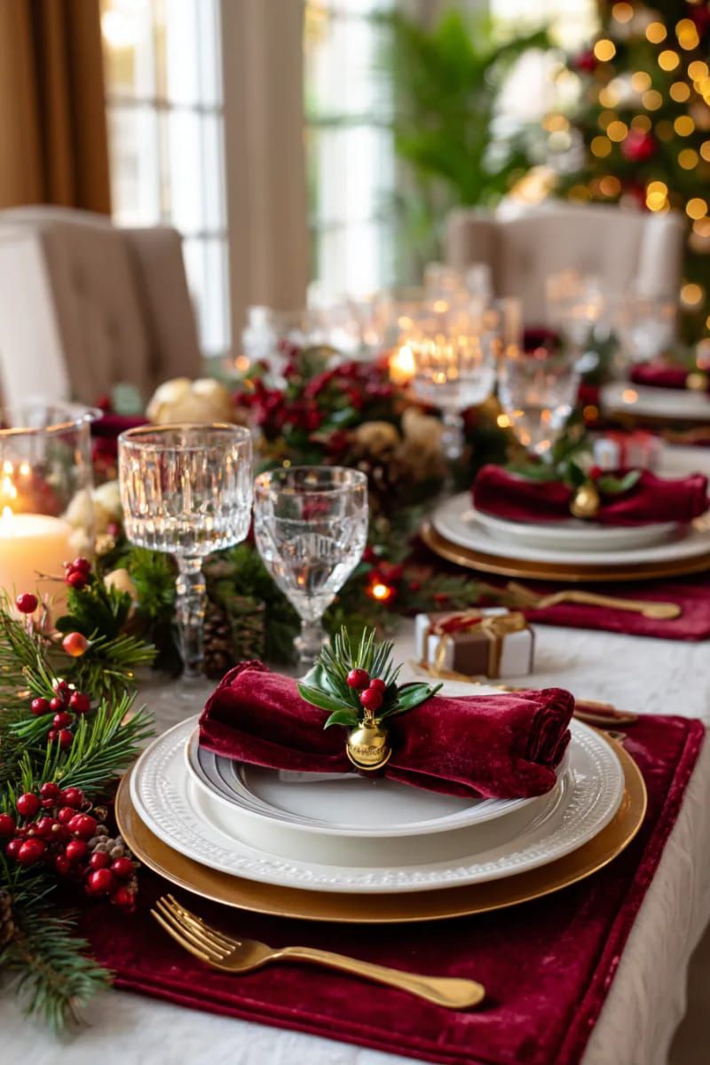 طبقات من المفروشات لطاولة طعام عزيمة رأس السنة