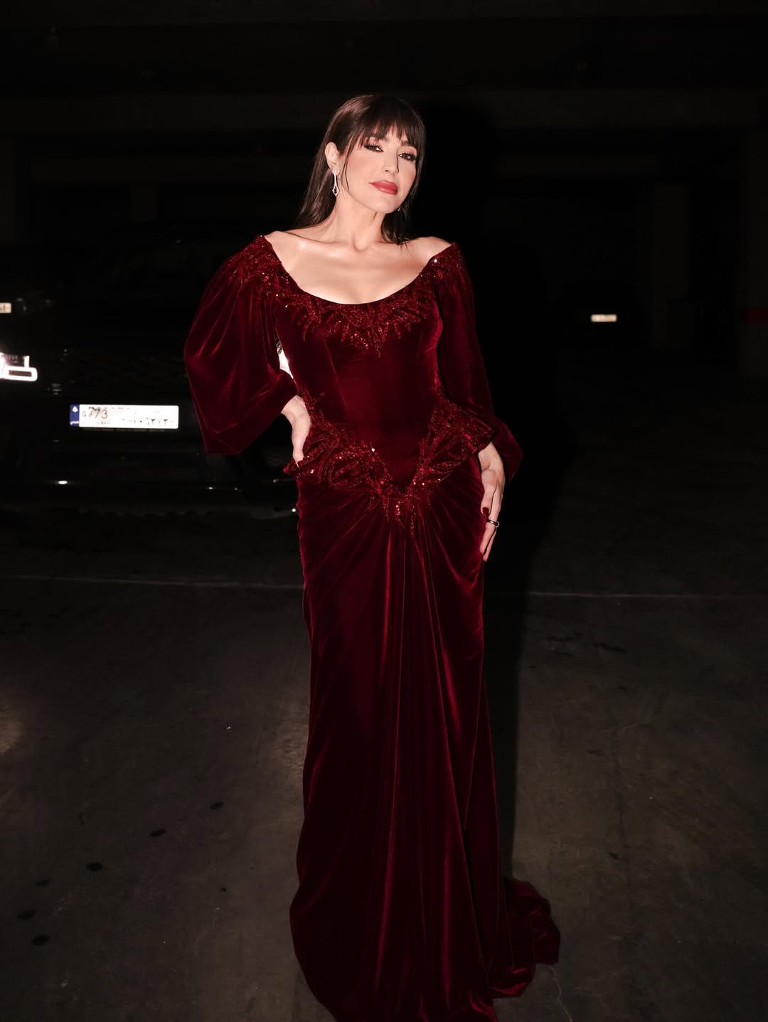 عبير نعمة بفستان بالأكتاف المنسدلة المحددة بتطريز براق