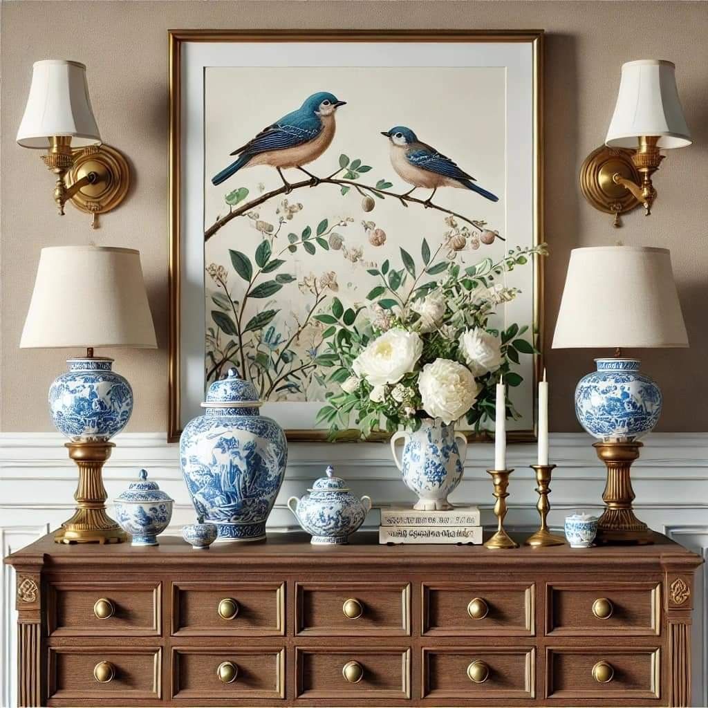 عرض اللوحات القديمة في إطارات عصرية لتباين جذاب يحيي الأثاث القديم