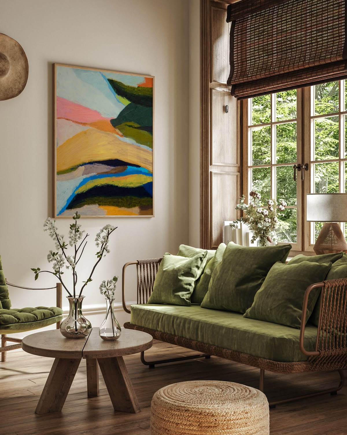 عمل فني كبير الحجم يزين جدران غرفة المعيشة