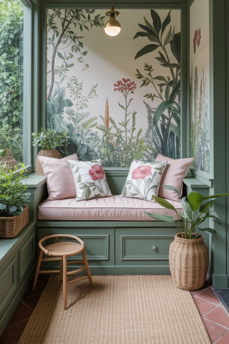 عند تنسيق ورق جدران بنقوش زهرية مع الوسائد، ينتج تباين بصري جذاب