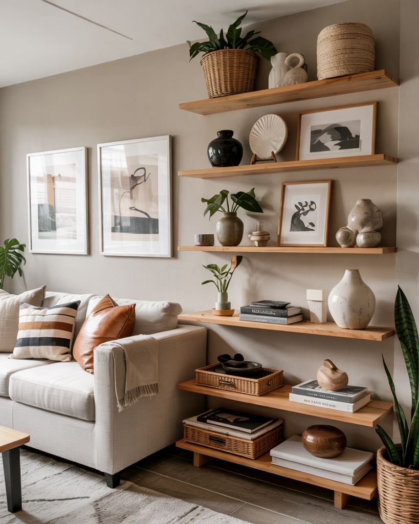 عندما تنسق بعناية، تصبح الأرفف ميزة تصميمية تضيف شخصية ودفء للمساحات