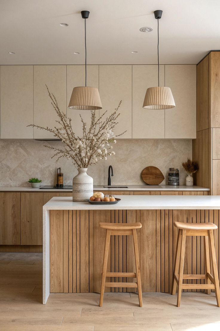 عندما يتناغم البيج مع لمسات الخشب الطبيعي، تكون النتيجة مطبخ ينبض بالحداثة