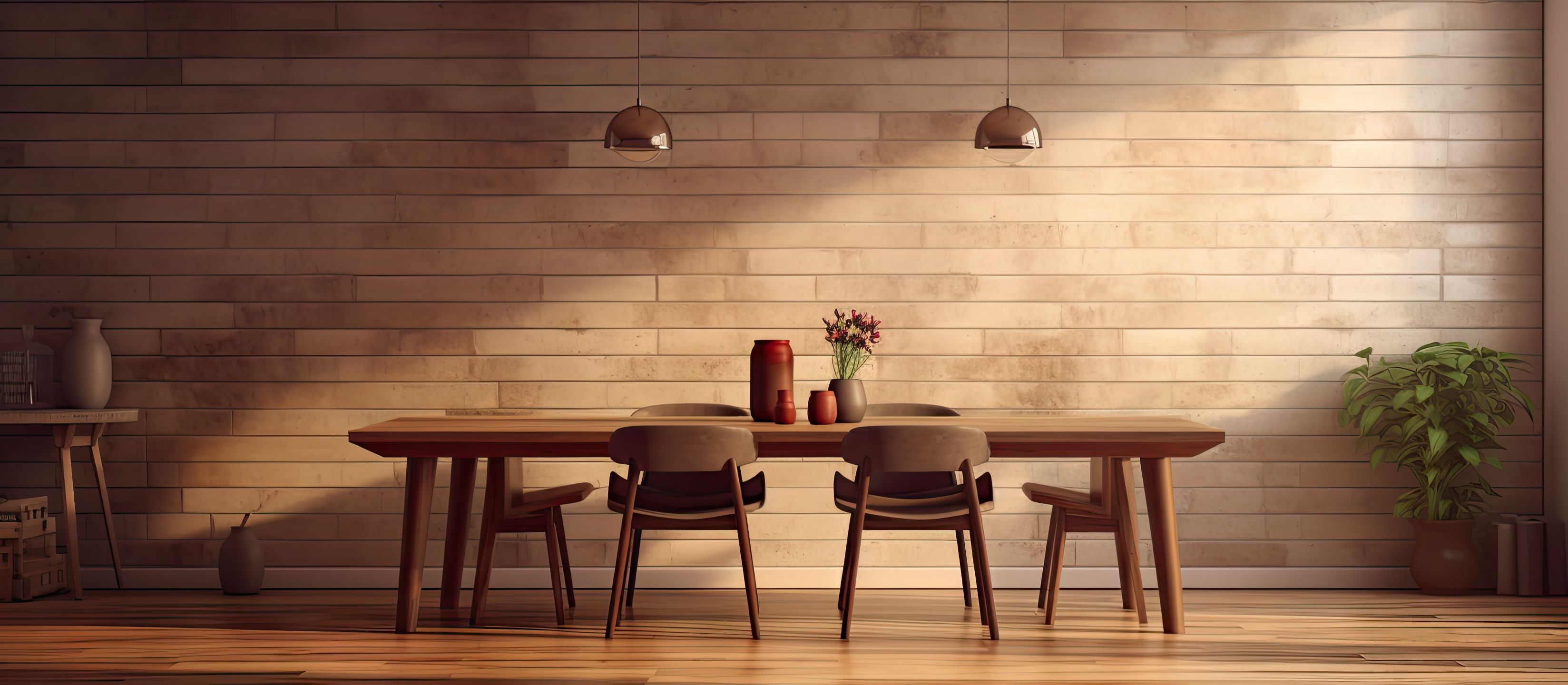 غرفة طعام تتميز بجدار خشبي بسيط