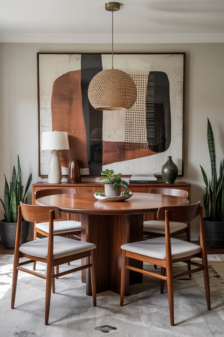 غرفة طعام مزين جدرانها بعمل فني كبير مميز