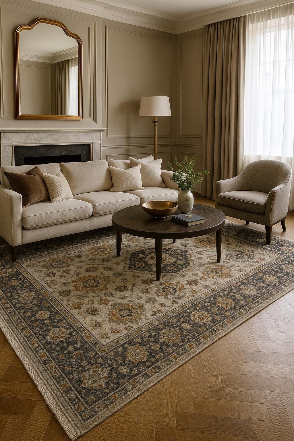 غرفة معيشة بأرضيات مفروشة بسجادة بتصميم عتيق فخم