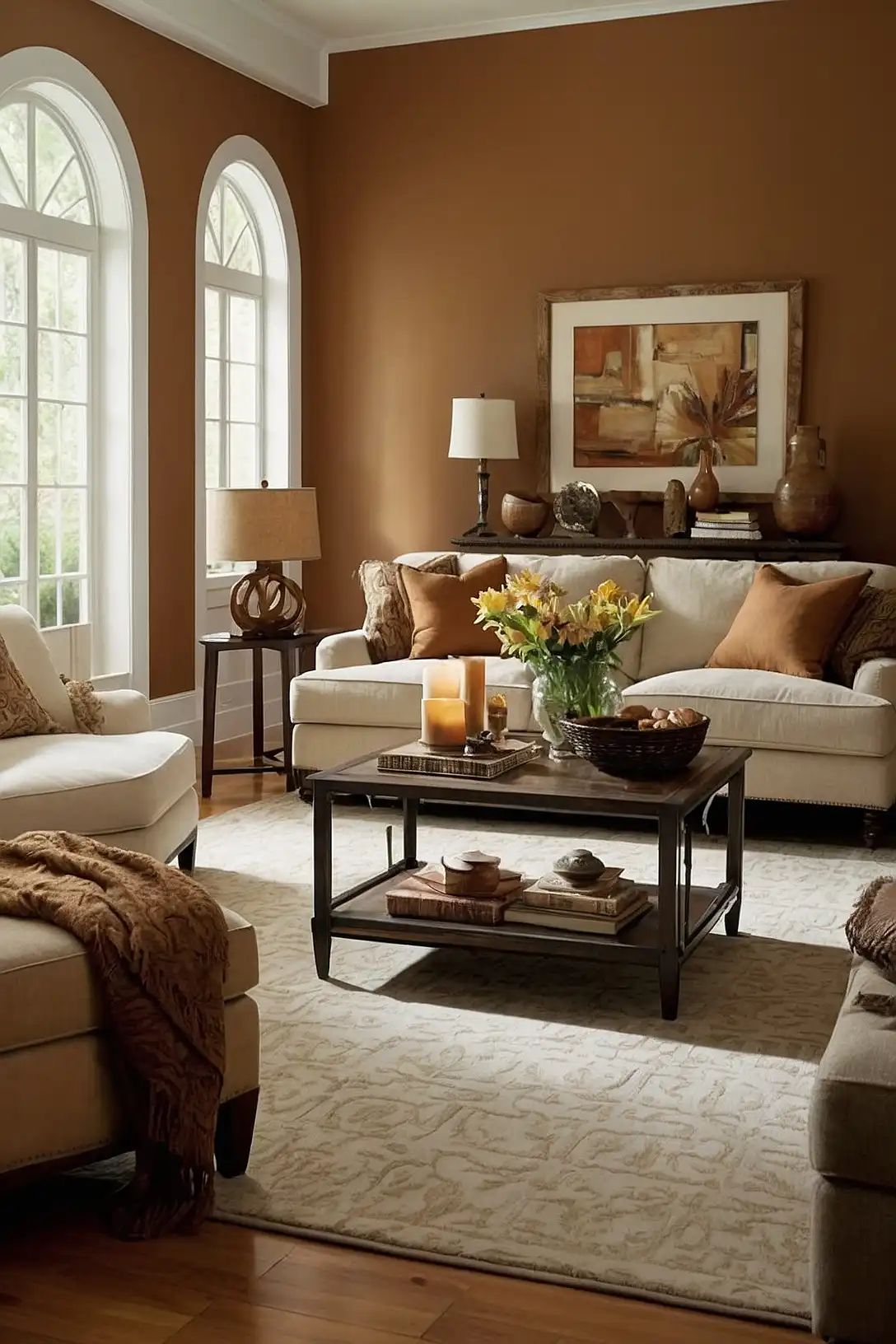 غرفة معيشة بجدران مطلية باللون البني الكراميلي