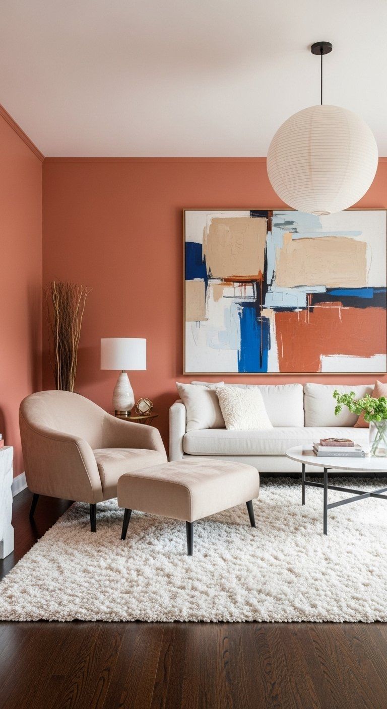 غرفة معيشة بجدران مطلية بلون التيراكوتا
