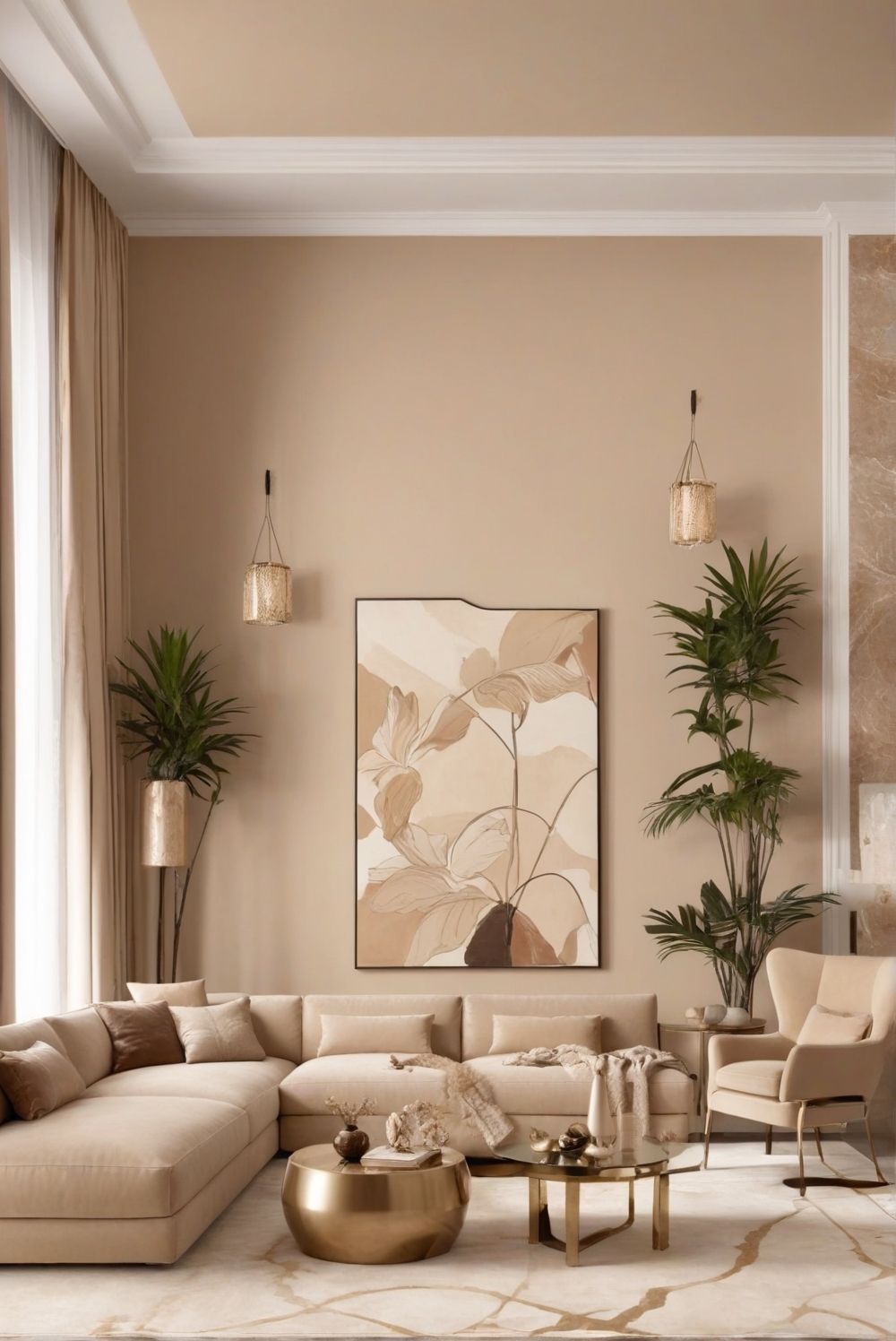 غرفة معيشة بطلها اللون البيج الدافئ warm beige