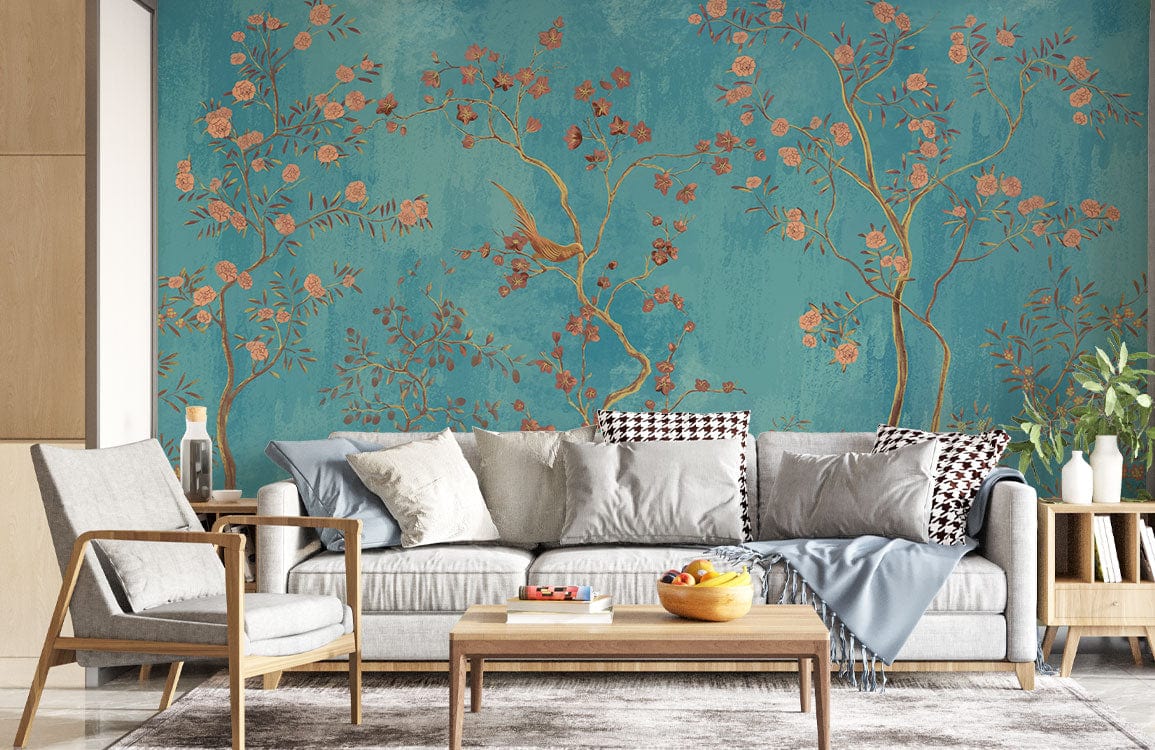 غرفة معيشة مزينة بورق جدران بلمسات فيروزية