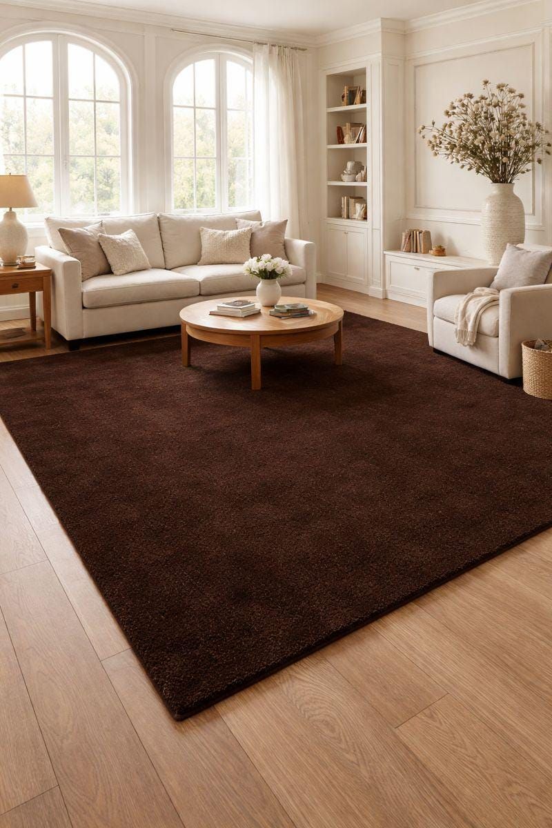 غرفة معيشة مفروشة بسجادة باللون البني الشوكولاتة