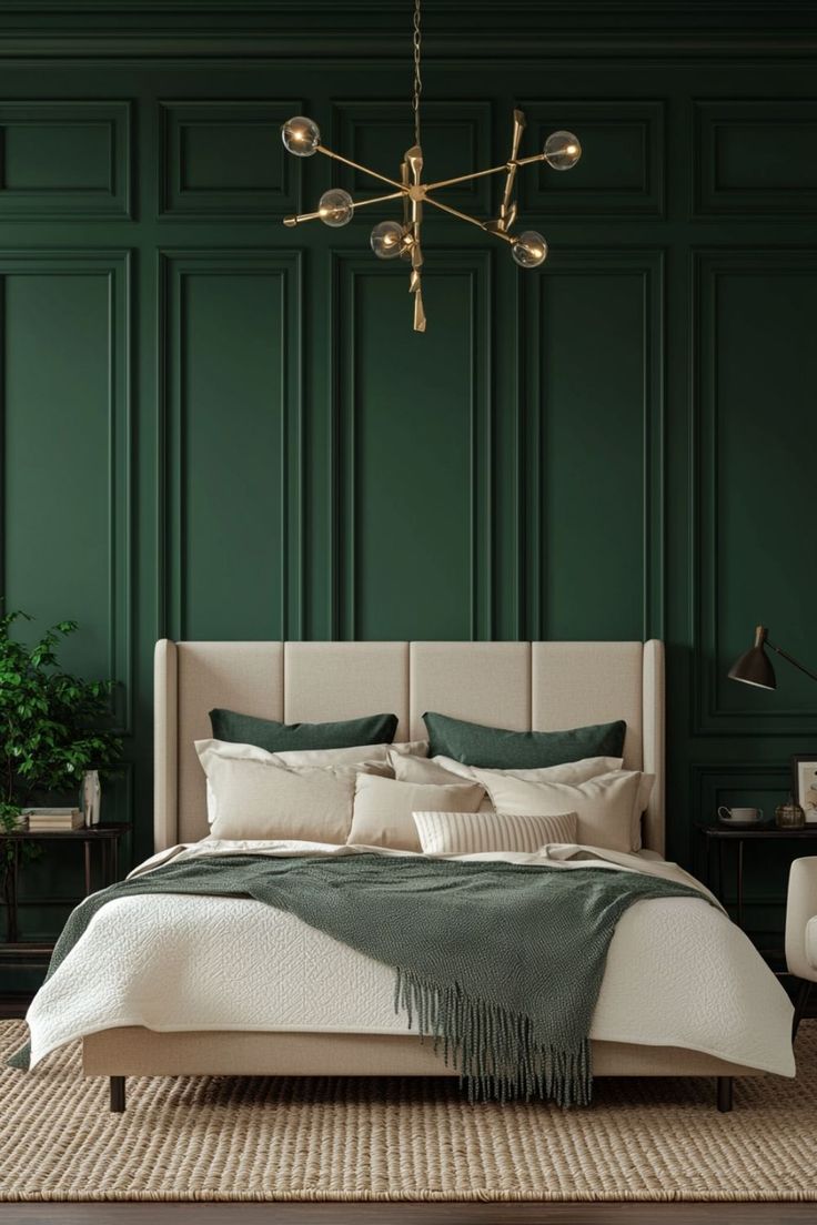غرفة نوم بجدار لهجة مطلي باللون الأخضر الغابي
