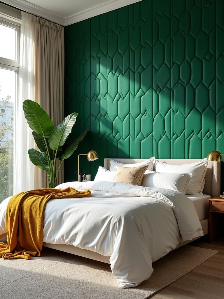 غرفة نوم بجدار لهجة مميز باللون الأخضر الزمردي