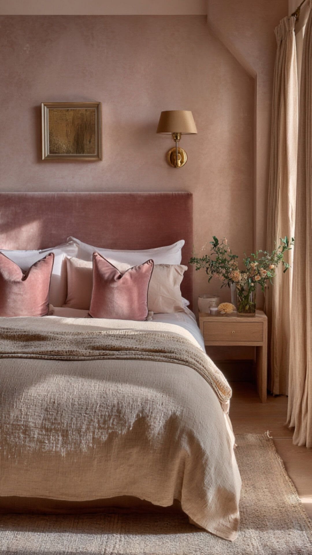 غرفة نوم بجدران بإحدى درجات الوردي الناعم