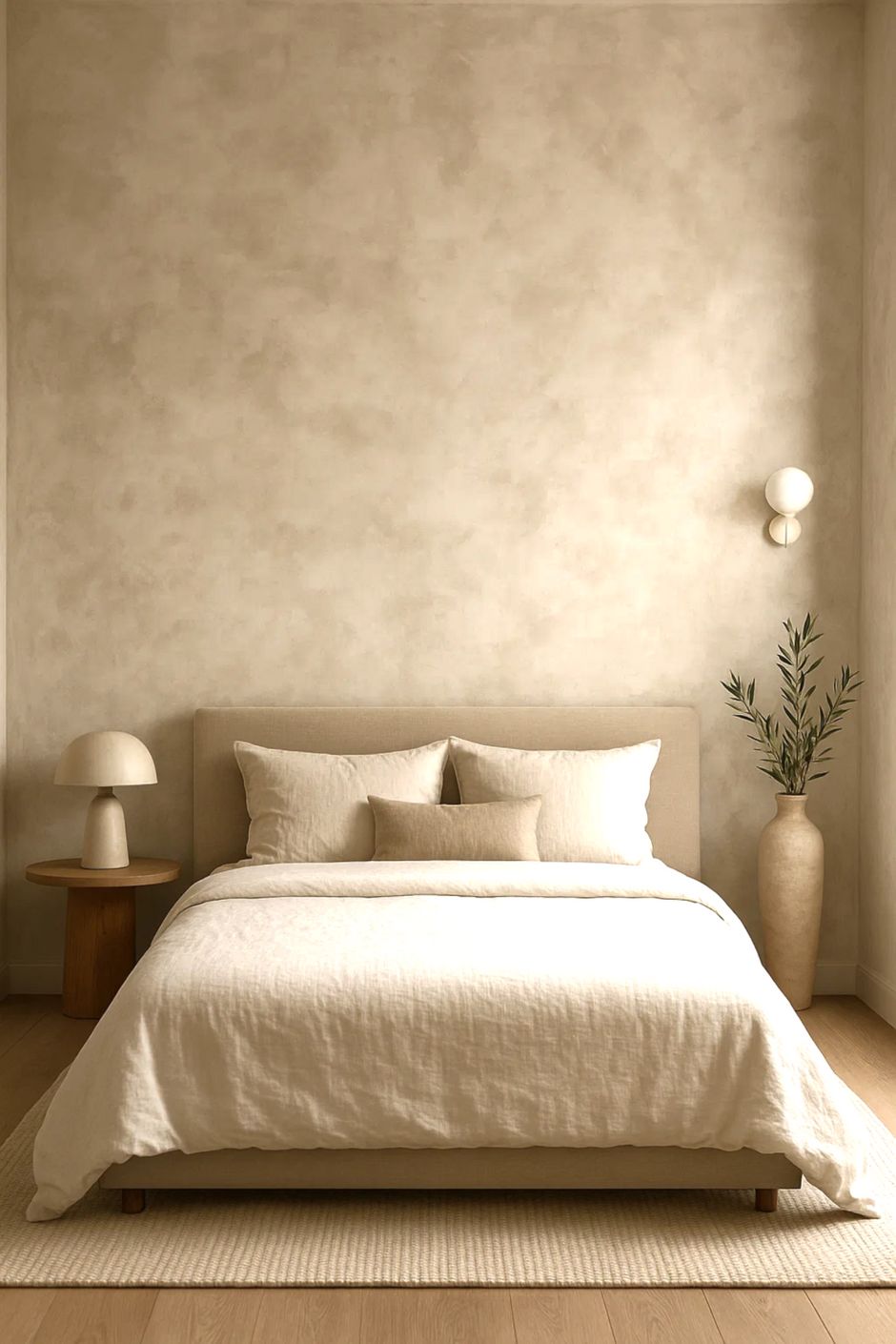 غرفة نوم بجدران مطلية بالجير