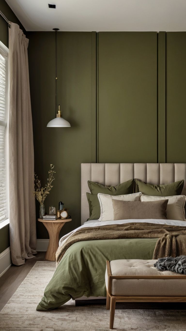 غرفة نوم بجدران مطلية بلون الأخضر الزيتوني