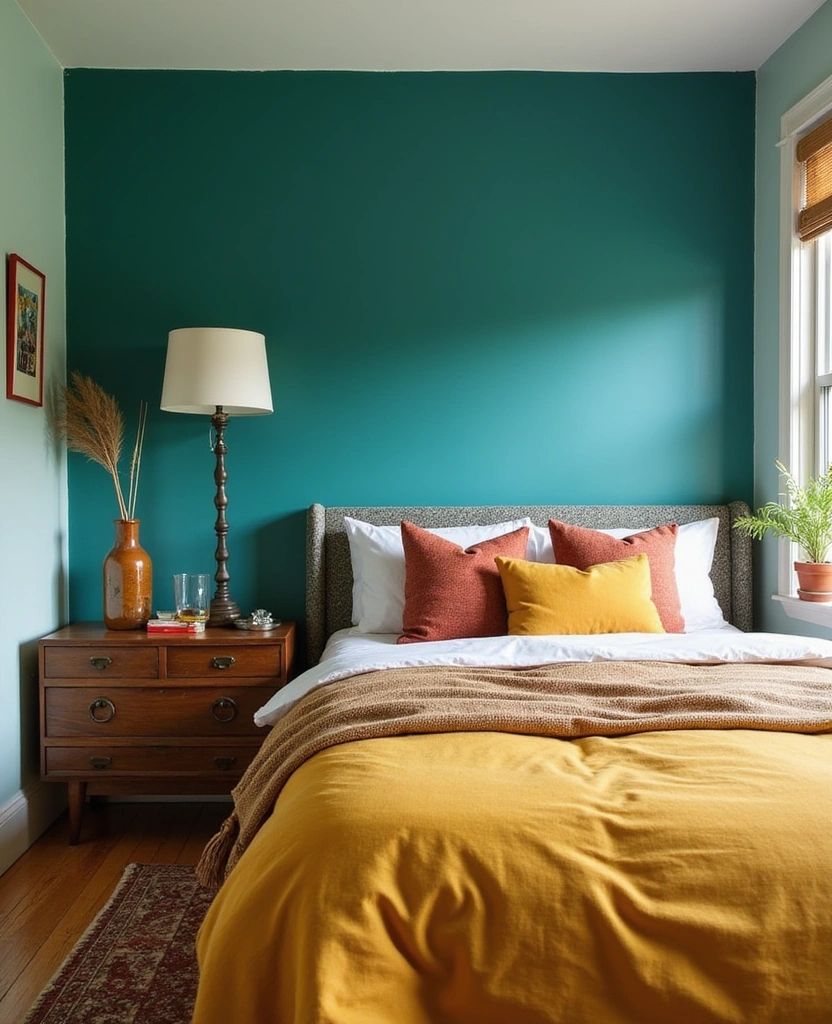 غرفة نوم بجدران مطلية لون الـTeal