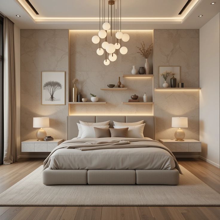 غرفة نوم مؤثثة بإضاءات متعددة الطبقات