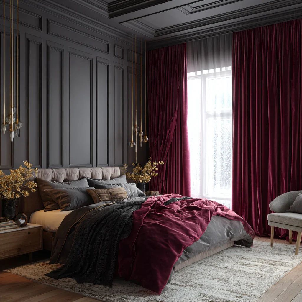 غرفة نوم مؤثثة بمواد وخامات متنوعة