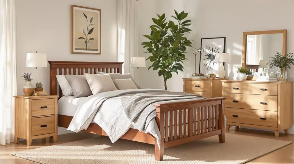 غرفة نوم مفروشة بأثاث خشبي متنوع الألوان