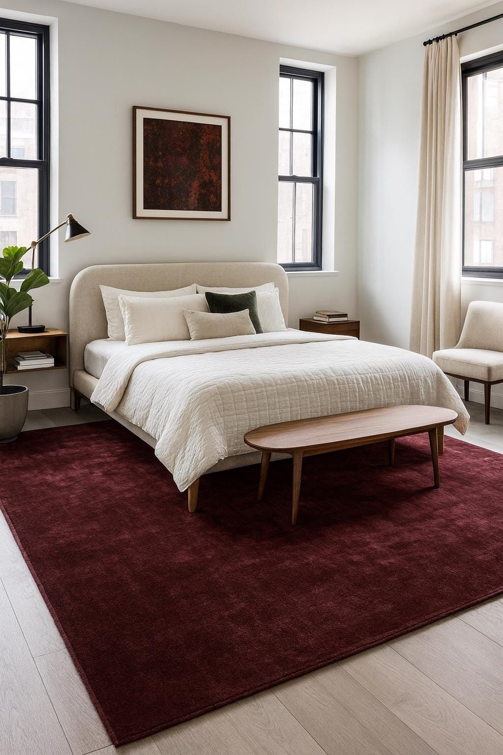 غرفة نوم مفروشة بسجادة بلون الأحمر بدرجةالـ Oxblood