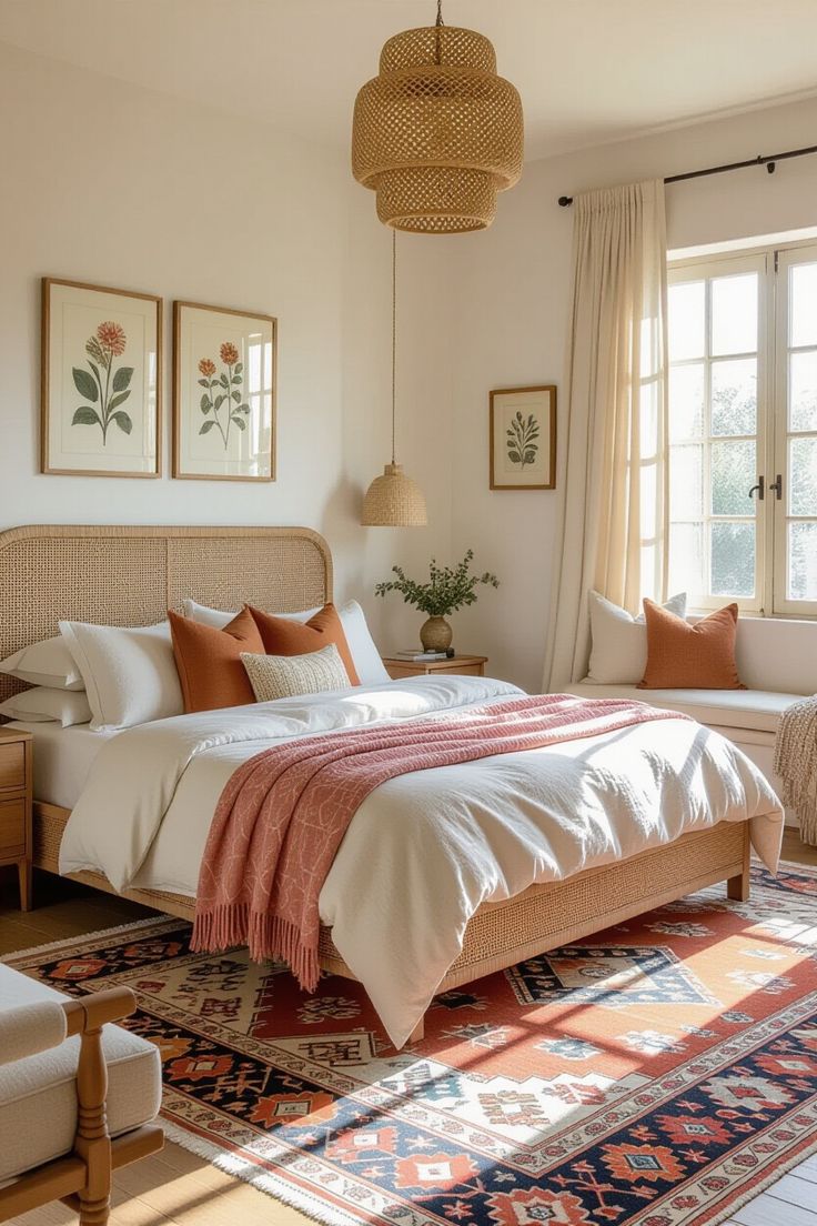 غرفة نوم مفروشة بسجادة بنقوش مميزة