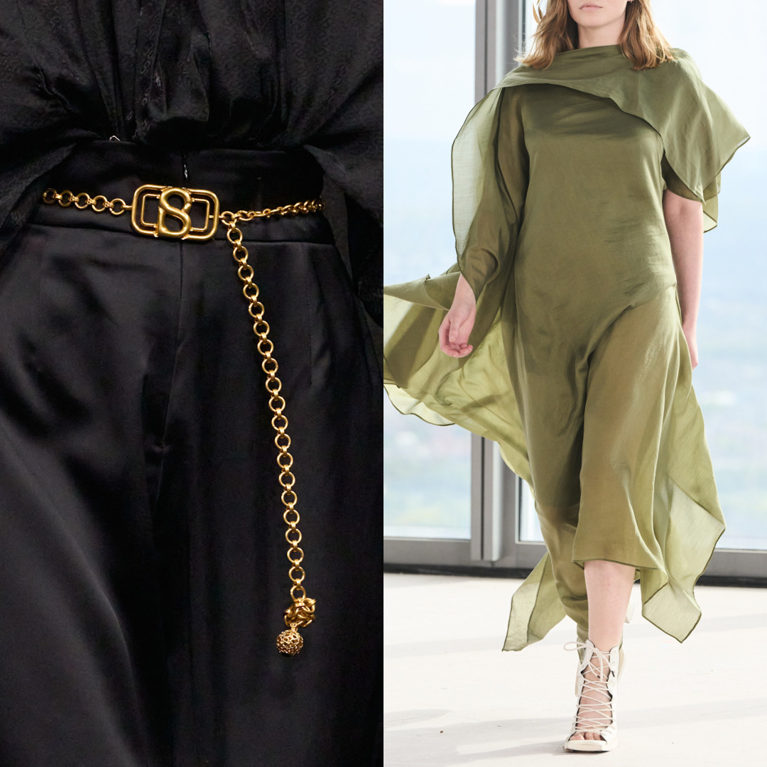 فستان أخضر أنيق من Almeida مع حزام ذهبي من Buttonscarves