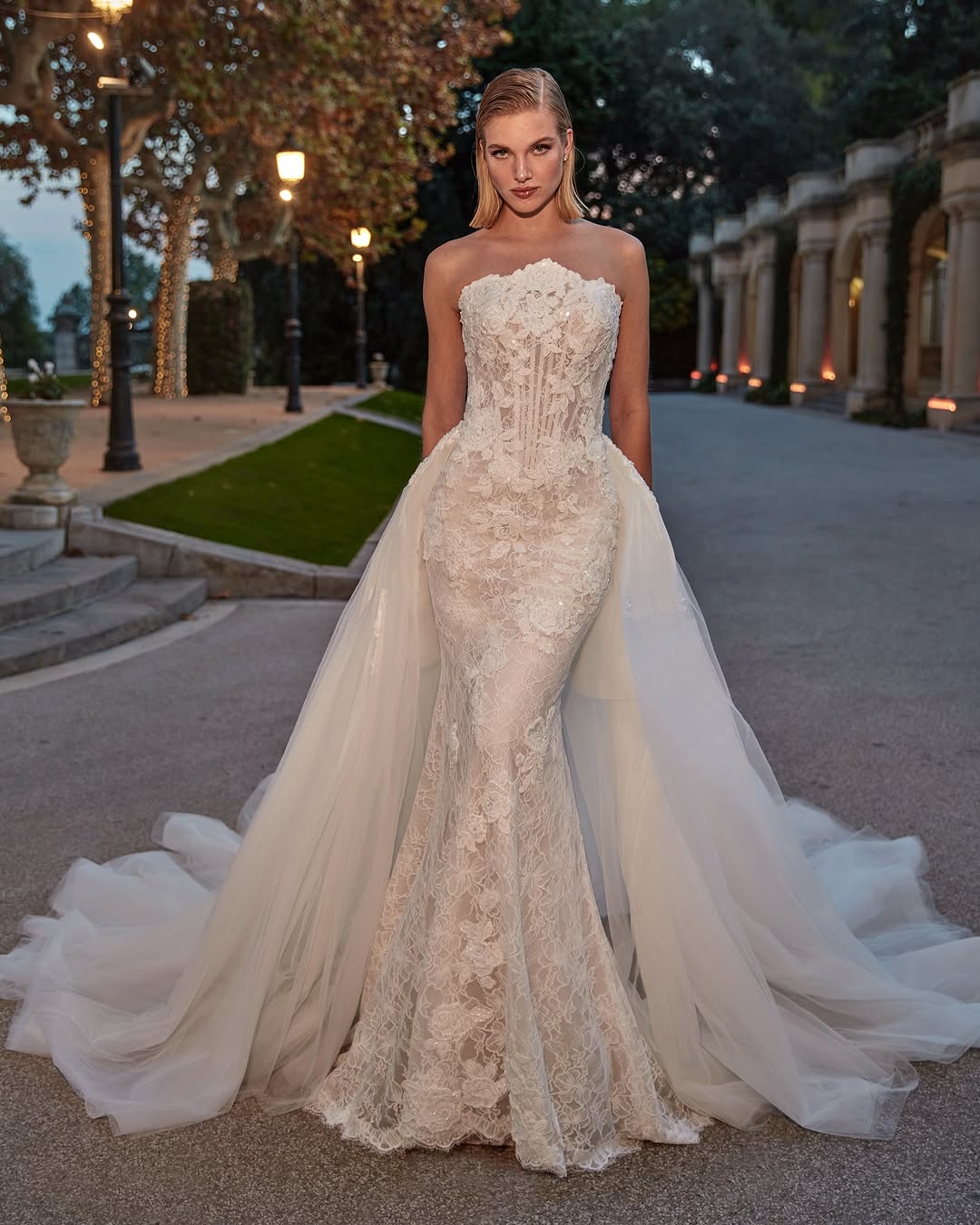 فستان زفاف دانتيل مع أوفرسكيرت ن Pronovias دار