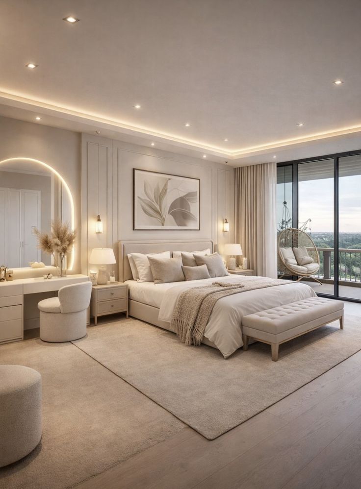 في غرف النوم الكبيرة، يمكن وضع السجادة أسفل السرير بالكامل مع الطاولات الجانبية