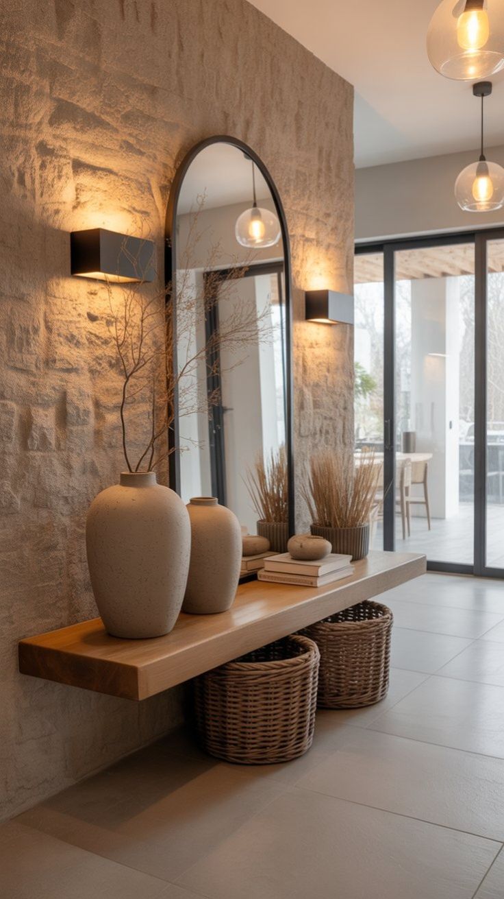 في مدخل المنزل، يوصي الخبراء بإدخال عناصر من طاقة الأرض مثل الأوعية الحجرية والديكورات الخزفية