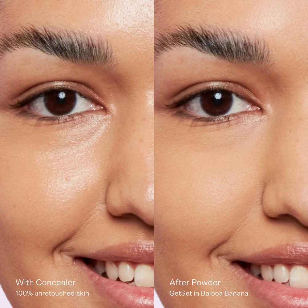 قبل وبعد استعمال بودرة غيت-سيت بلور GETSET BLUR + سيت بريسد باودر SET PRESSED POWDER