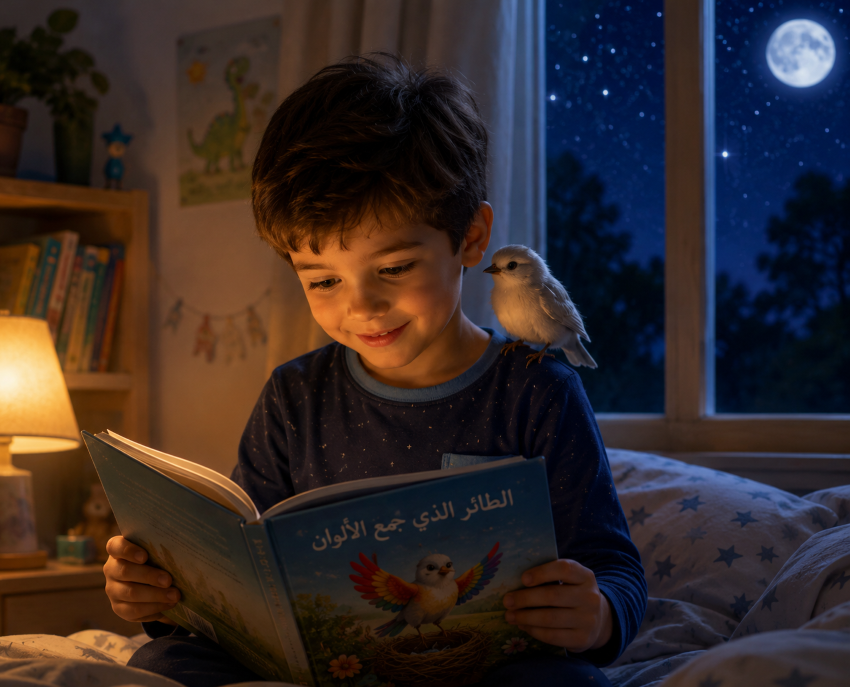 قصة الطائر الجميل والألوان الزاهية الصورة بالذكاء الاصطناعي