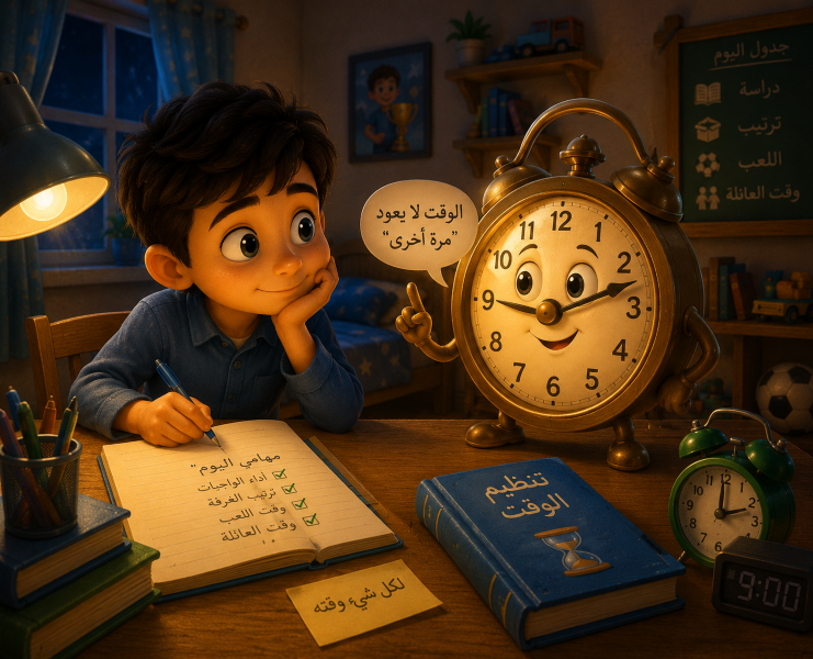 قصةالساعة التي علمت الطفل قيمة الوقت صورة بالذكاء الاصطناعي