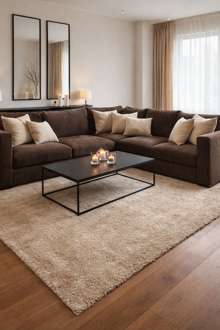 لغرفة المعيشة، يفضل المزج بين السجاد والأرضيات الخشبية