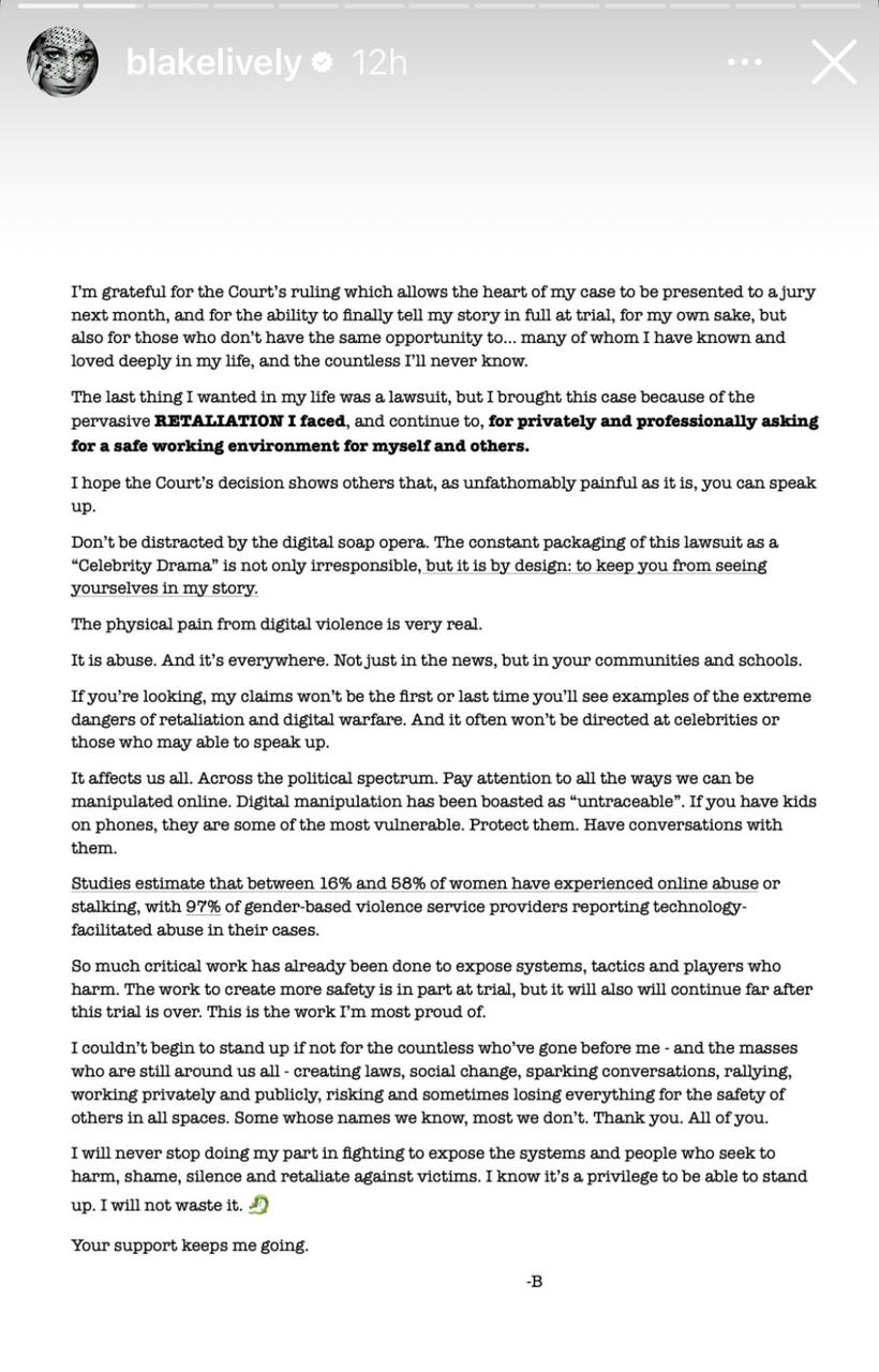 رسالة بليك ليفلي للجمهور بشأن قضيتها